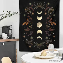 Tapestries Moon Phase Tapestry Wall Hanging Black Psychedelic Tapestries Flower Starry Bohemian Tapestries Art Home Decoration R230713