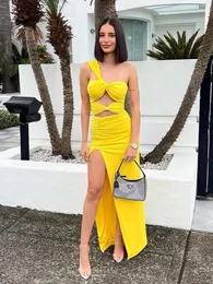Sukienki swobodne 2023 Letnie żółte kolor kobiety seksowne z ramion Bodycon Mid-Calf sukienka moda dziewczęta High Street Birthday Party