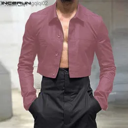 Mäns avslappnade skjortor Mäns Solid Polo Collar Long Sleeve Button Street Apparel Casual Crop Shirt 2023 Casual Camissa Masculina S-5XL Incerun Z230713