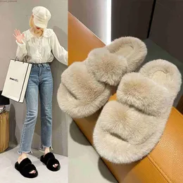 Slippers Homepage fluffy fur slider Comfortable open double belt plush sole Women's warm shoes Indoor soft flat pillow slider Z230717