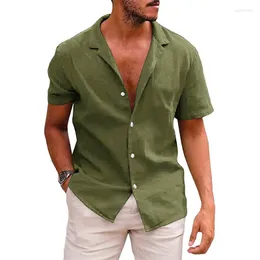 Camisas casuais masculinas de linho de cor lisa, manga curta, camiseta básica solta, gola aberta, tamanhos grandes, roupas masculinas