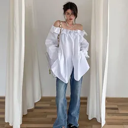 Frauen Blusen QWEEK Koreanische Mode Off Schulter Frauen Casual Rüschen Oversize Shirts Weibliche 2023 Sommer Weiß Langarm Tops