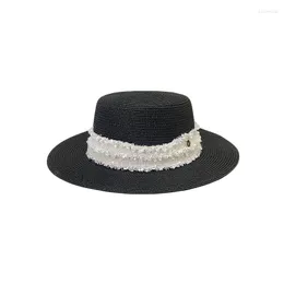 Breda randen hattar bauhinia högkvalitativ sommar båge solskyddsmedel damer semester elegant fedora platt topp hatt