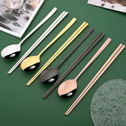 Conjuntos de louça 18/10 Coreano Espelho Aço Inoxidável Chopsticks Colher Set Long Handle Non-Slip Sobremesa Colheres Talheres