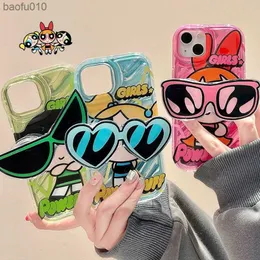 PowerPuff Girls Sunglasses Bracket Phone Case for iPhone 14 13 12 11 Pro Max X XR XR 6 6S 7 8 Plus SE 2020 고급 실리콘 커버 L230619