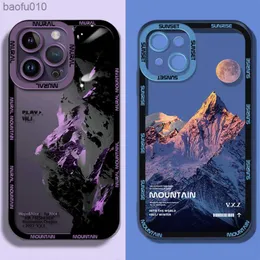 Ins Purple Blue Sunset Snow Mountain Phone Case for iPhone 14 13 12 11 Pro Max XR X XS Natural Scenery Pumper Cover L230619