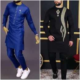 Men's Tracksuits Kaftan Luxury Men's Suit Print Trim Top Trousers Dashiki African Ethnic Casual Style 2 Piece Set Traditional Wear Wedding Cloth 230713