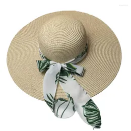 広いレディストローハットの夏の外出サンブロックビーチキャップ付きの広いブリム帽子シフォン
