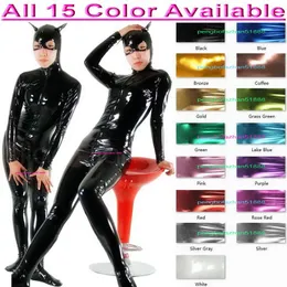 Sexiga kvinnor män catwoman tights bodysuit costumes 15 färg glänsande lycra metall cat catsuit dräkt unisex full outfit halloween pa315i