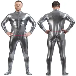 Mannen Body Suit Kostuums Front Lange Rits Zilvergrijs Glanzend Lycra Metallic Mannen Catsuit Kostuum Outfit Geen Hoofd Hand Halloween267L