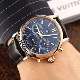 New 5204R-014 Automatic Mens Watch Moon Phase Complicated Rose Gold Blue Dial Perpetual Calendar Watches Black Leather Timezonewat242p