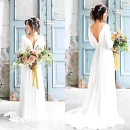 Casual Beach Wedding Dresses Half Sleeve Deep V Neck Bakccless Chiffon Golvlängd Brudklänningar Vestidos de Noiva Custom Size239m