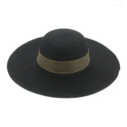 Breda brim hattar halm sommar kvinnor hat cap kvinna för solid band band lyxig avslappnad svart vit strand chapeau femme gorras