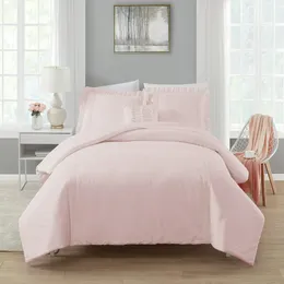Simply Shabby Chic Pink Crochet Stripe 4-Piece Washed Microfiber Comforter Set, Full Queen