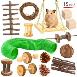 Små djurförsörjningar hamster leksak set kanin marsvin tugga leksaker naturligt trä för chinchilla hantlar gungtunnel 230713