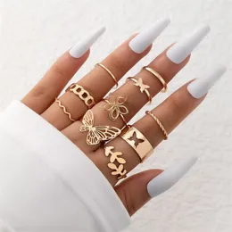 10pcs Simple Hollow Heart Butterfly Flower Rings Set For Women Bohemian Metal Gold Color Geometric Ring New Trendy Jewelry Gifts