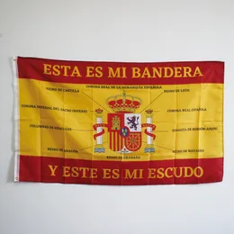 Banner Bandiere bandiera della spagna con scudo della spagna e spiegazioni delle parti dello scudo della spagna Banner in poliestere 100D 3x5FT 90x150cm 230714