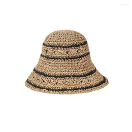 Wide Brim Hats Women's Straw Sun Hat Classic Flat Beach Summer Protection Panama Handmade Striped Sunshade Hollow