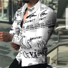 Mäns casual skjortor tidning text konst mode lyxfest aftonklänning skjorta lapel knapp ner skjorta avslappnad tryck långärmad topp männströja t230714
