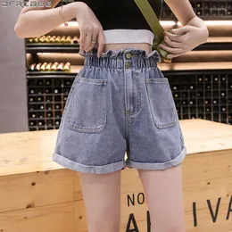 Kvinnors shorts avslappnad sommar kort jeans hög elastisk midja denim kvinnor plus storlek feminino fickor krimpande jean damer