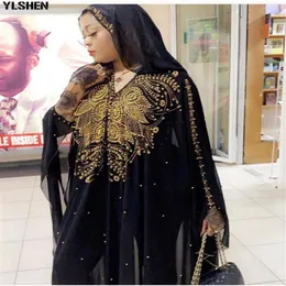 Plus -storlek afrikanska klänningar för kvinnor dashiki diamantpärlor afrikanska kläder Abaya Dubai Robe Evening Long Muslim Dress Hooded Cape194K