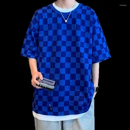 Herren-Kapuzenpullover, cooles Sommer-T-Shirt mit Rundhalsausschnitt, bedruckt, National Tide Checkerboard, Baumwolle, kurzärmelig, dünn, mit tiefer Schulterpartie