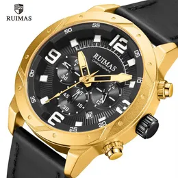 Ruimas luksusowe złoto zegarki mężczyzn skórzany pasek wojskowy zwykły na rękopis chronograf chronograf kwarcowy zegarek Masculino zegar 595273e
