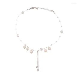 Choker Luxurious Simple Stylish Trendy Pearl Pendant Crystal Silver Plated Long Tassel Hair Jewelry Necklace Designed For Women