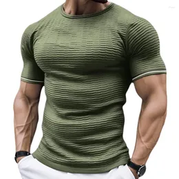 Mäns T-skjortor män elastiska smala stickade muskulösa sommar kort ärm o hals stickade t-shirts sport fitness träning mager stickning tees