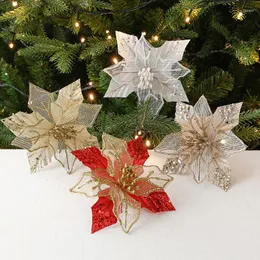 Flores decorativas simuladas com brilho lantejoulas malha branca dourada folhas guirlanda de decoração de flores de natal feitas à mão