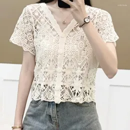 Blusas femininas 2023 vintage verão cropped tops decote em v cardigã camisa manga curta crochê oca blusa de malha