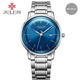 Julius märke rostfritt stålklocka Ultra Thin 8mm män 30 m vattentät armbandsur Auto Date Limited Edition Whatch Montre JAL-0402859