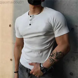 Herr t-shirts sport t shirts mens casual smal passform kort ärm besättning nacke knapp-up tees kläder 2023 vår sommaren männen mode pullover l230713