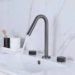 Rubinetti per lavabo da bagno Rubinetto per lavabo a tre fori con doppia maniglia Set da 3 pezzi in ottone massiccio grigio canna di fucile