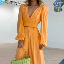 Women's Two Piece Pants 2023 Summer New Style Vneck Long Sleeve Shirt High Waist Wide Leg Pants Loose Fashion Casual Set Yellow Office Commuter Clothing T230714