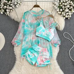 Women's Tracksuits Women Fashion Summer Elegant Tie-Dye Tracksuit Casual Shirts Blouse Crop Tank Tops And Shorts Pants 3 Pieces Female