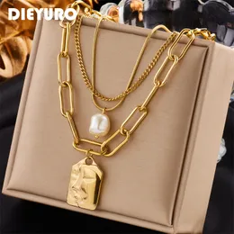 Pendant Necklaces DIEYURO 316L Stainless Steel 3Layer Pearl Square Portrait Necklace For Women Punk Street Trend Chain Neck Jewelry Gift 230714