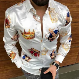 Men's Casual Shirts 2022 Spring and Autumn Men Casual Fashion Crown Flower Print Long Sleeve Turn-down Collar Silky Shirt T230714