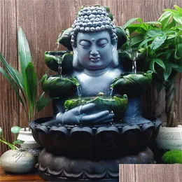 Craft Tools Creative Home Decorations Resin Flowing Water Waterfall Led Fountain Buddha Statue Lucky Feng Shui Ornaments Landscape D Dhxmo