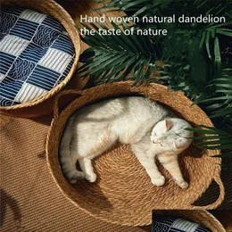 Camas para gatos Móveis Rattan manual puro Ninho tecido Four Seasons Geral Dandelion Cool Bed Scratch Board Produtos para animais de estimação 221010 Drop De Dhxn7