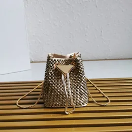 Designer mini satin bucket bag with all-over synthetic crystals soft silhouette handbags enameled metal triangle in the same color decorates the jeweled bag