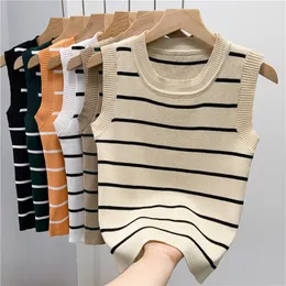 Two Piece Dres's Basic Tank Crop Top Female Knitted Sleeveless Striped T shirt's Slim Stretchy Thin Knitwear Summer 230713