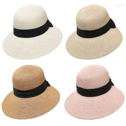 Szerokie brzegowe kapelusze damskie letnia słoma czapka czarna bownot wstążka składana kropla UV-ochronna UV