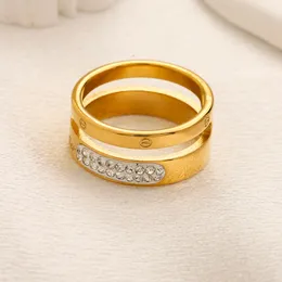 Never Fade Brand Letter Ring Gold Plated Stainless Steel Band Rings Fashion Designer Luxury Crystal Rhinestones Ring for Womens Wedding Jewelry Gifts