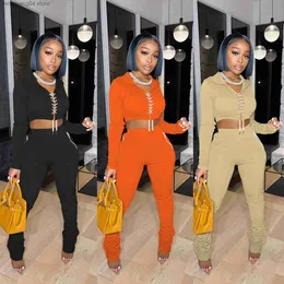 Women's Two Piece Pants Casual Grommet Lace Up Solid Tracksuit Fall Clothes for Women Sport Long Sleeve Hooded Crop Top + Stacked Pants Two Piece Set T230714