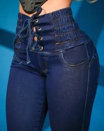 Kleid Lässige Röhrenjeans mit hoher Taille für Damen Grommet Eyelet Laceup Pocket Design Einfarbige modische Damen-Jeanshose