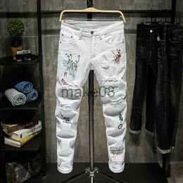 Męskie spodnie modne modne listy haftowe Mężczyzn Mężczyzn College Boys Chudy Runway Zipper Dżinsowe spodnie Zniszczone dżinsy Czarne białe dżinsy J230714
