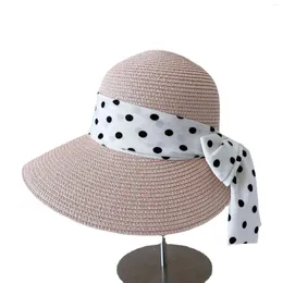Wide Brim Hats 2023 England Vinage Dotted Ribbon Bow Summer Hat Women Irregular Split Bucket Spring Straw Beach Sun Chapeau