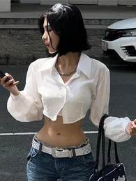 T-shirts pour femmes Y2K Vêtements Haut à manches longues Chemisier blanc Évider Crop Automne Printemps Solide Col rabattu Streetwear Chemise boutonnée