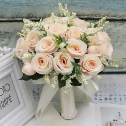 실크 새틴 리본 핑크 흰 샴페인 신부 들러리 신부 파티를 들고 꽃 자연 자연 Rose209V를 들고 웨딩 꽃 꽃다발